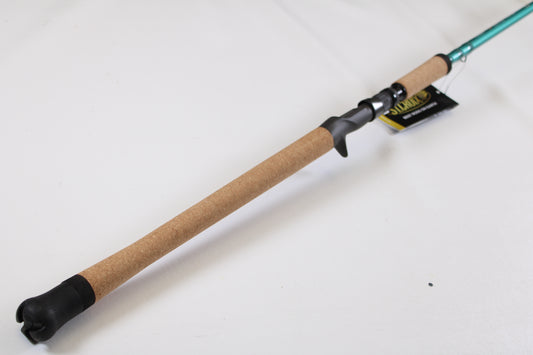 A close-up of the St. Croix Avid Inshore ASIC79XHMF 7'9" Extra Heavy Used Casting Rod in mint condition shows its cork grip and black reel seat—ideal for anglers interested in our Rod and Reel Trade-In program.