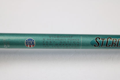 Close-up of a St. Croix Avid Inshore VIC80MHF 8'0" Medium Heavy Used Casting Rod in mint condition, featuring SCIII Graphite, IPC Technology, and made in the USA—perfect for our rod and reel trade-in program.