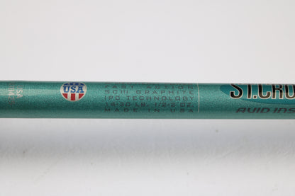 A close-up of a St. Croix Avid Inshore VIC80MHF 8'0" Medium Heavy Used Casting Rod in mint condition shows “Fast Action SCIII Graphite IPC Technology”—ideal for upgrading via our rod and reel trade-in program.