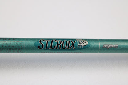 A close-up of the St. Croix Avid Inshore VIC80MHF 8'0" Medium Heavy casting rod in mint condition, showing "ST. CROIX ROD" and "IPC" logos—ideal for shoppers seeking quality used gear or exploring our trade-in program.