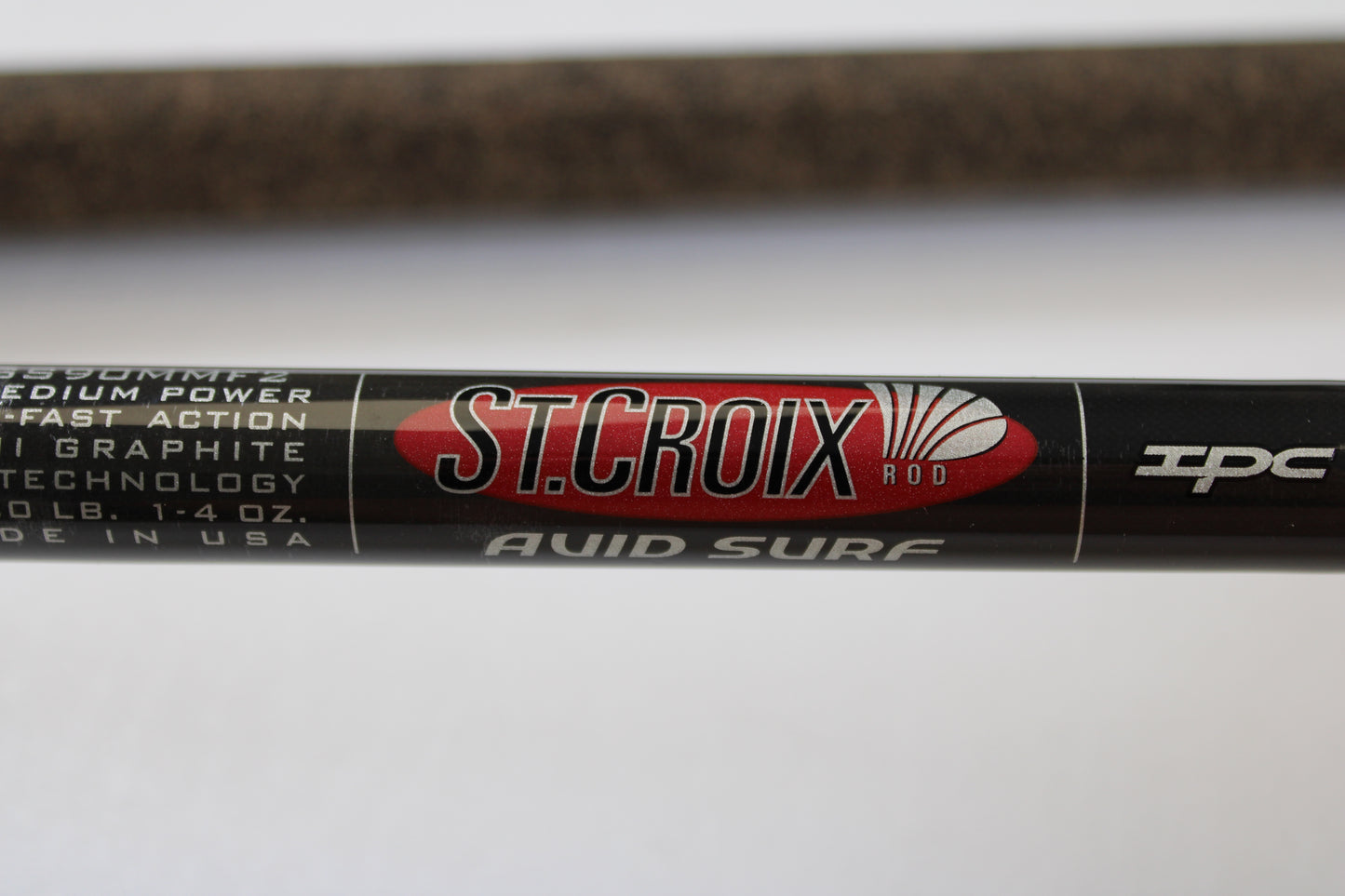 Close-up of a St. Croix Avid Surf VSS90MMF2 9'0" Medium Spinning Rod—Used, Mint Condition. Upgrade your gear with our rod and reel trade-in for store credit!.