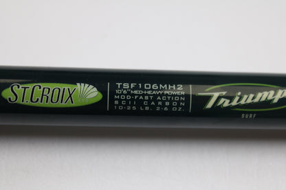 Close-up of St. Croix Triumph Surf TSF106MH2 10'0" Medium Heavy 2-Piece Used Spinning Rod in mint condition—eligible for our Rod and Reel Trade-In Program for store credit on used gear.
