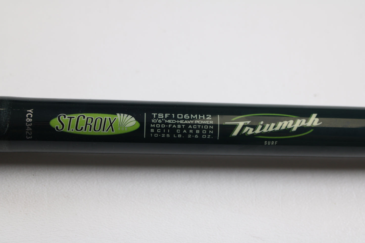 Close-up of a St. Croix Triumph Surf TSF106MH2 10'0" Medium Heavy 2 Piece Used Spinning Rod in mint condition. Great for anglers to upgrade through our Rod and Reel Trade-In Program or earn store credit for used gear.