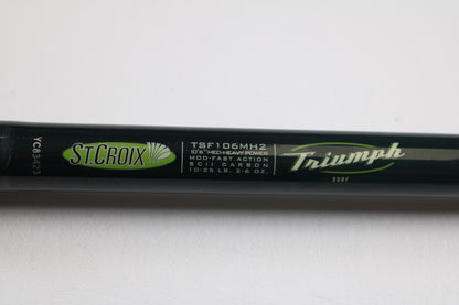 Close-up of a St. Croix Triumph Surf TSF106MH2 10'0" Medium Heavy 2 Piece Used Spinning Rod in mint condition. Great for anglers to upgrade through our Rod and Reel Trade-In Program or earn store credit for used gear.
