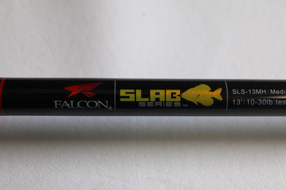 Close-up of a Falcon Slab Series SLS13MH 13'0" Medium Heavy 3pc used spinning rod in excellent condition—ideal for anglers seeking quality used gear or considering a rod and reel trade-in.