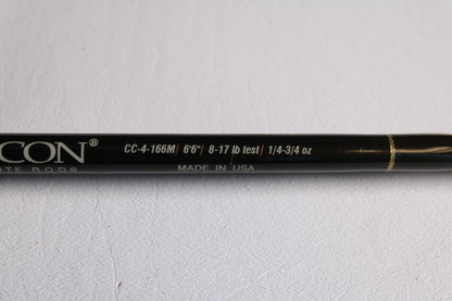 A close-up of the Falcon Cara T7 CC-4-166M 6'6" Medium Used Casting Rod (very good condition) showing specs: 8-17 lb line, 1/4-3/4 oz lure, Made in USA—ideal for used gear fans or rod and reel trade-in credit.