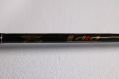 A close-up of a Falcon Cara T7 CC-4-166M 6'6" Medium used casting rod in very good condition, featuring a gold bird logo and "cara" in gold and red—ideal for upgrading via our trade-in program or store credit.