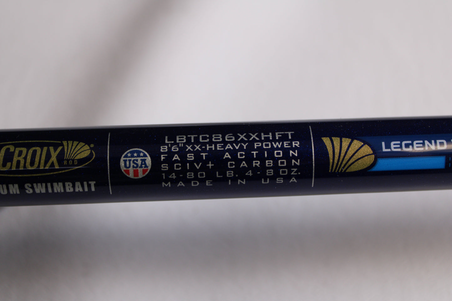 Close-up of the St. Croix Legend Tournament Bass LBTC86XXHFT Magnum Swimbait 8'6" XXH used casting rod in mint condition. Trade in your used gear for store credit with our Rod and Reel Trade-In Program. Made in the USA by St. Croix.