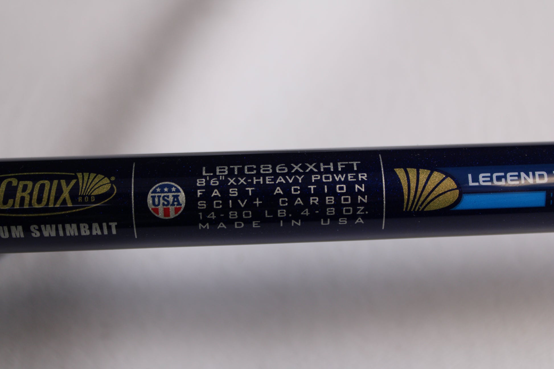 Close-up of the St. Croix Legend Tournament Bass LBTC86XXHFT Magnum Swimbait 8'6" XXH used casting rod in mint condition. Trade in your used gear for store credit with our Rod and Reel Trade-In Program. Made in the USA by St. Croix.