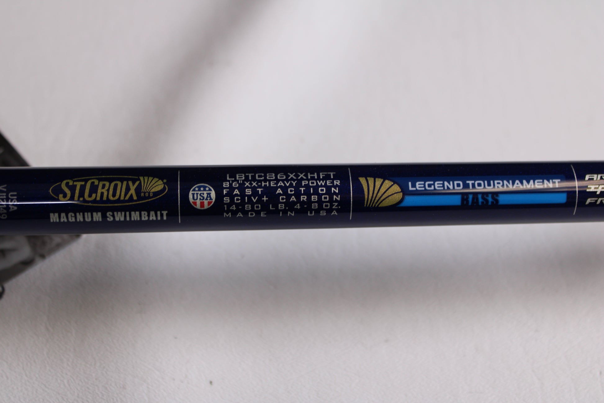 Close-up of a St. Croix Legend Tournament Bass LBTC86XXHFT Magnum Swimbait 8'6" XXH—Used Casting Rod in mint condition, ideal for pairing with other used gear from our Rod and Reel Trade-In Program.