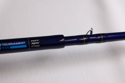 Close-up of a St. Croix Legend Tournament Bass LBTC86XXHFT Magnum Swimbait 8'6" XXH Used Casting Rod in mint condition, featuring a metallic guide ring and yellow thread wraps, part of our Rod and Reel Trade-In Program.