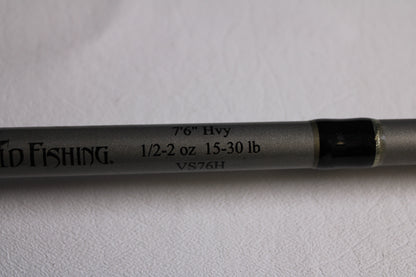 A close-up of a Fitzgerald Vursa VS76H Pitchin' & Flippin' 7'6" Medium Used Casting Rod shows its specs against a plain background—ideal for anglers trading in gear for store credit. Brand: Fitzgerald. Condition: Good.