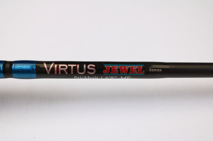 Close-up of a Jewel Virtus Stickbait 6'8" Medium Used Casting Rod in excellent condition, shown in black and metallic blue. Trade in your used gear with our Rod and Reel Trade-In Program for store credit!.