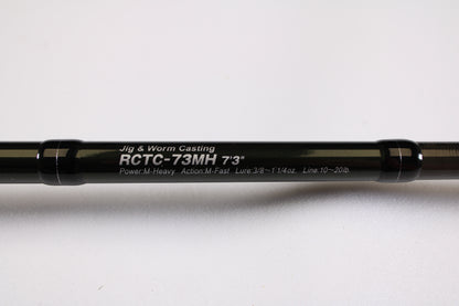 Close-up of the Evergreen Combat Stick RCTC-73MH Jig & Worm 7'3" Medium Heavy used casting rod in excellent condition—ideal for anglers looking to trade in or earn store credit on pre-owned rods and reels.