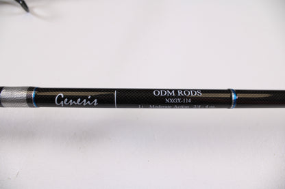 Close-up of the ODM Rods Genesis Surf NGX-114 11'0" 2-Piece Used Spinning Rod in excellent condition, featuring "Moderate Action 3/4 - 4 oz" specs and blue accent rings—ideal for store credit trade-in or used gear listings.