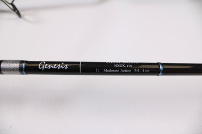 Close-up of an ODM Rods Genesis Surf NGX-114 11'0" used spinning rod in excellent condition—black with metallic and blue accents, ideal for upgrades through our rod and reel trade-in program.