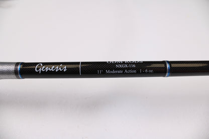 Close-up of a used ODM Rods Genesis Surf NGX-116 11'0" 2-piece spinning rod in excellent condition on a white background, ideal for fans of quality used gear or those interested in our rod and reel trade-in program.