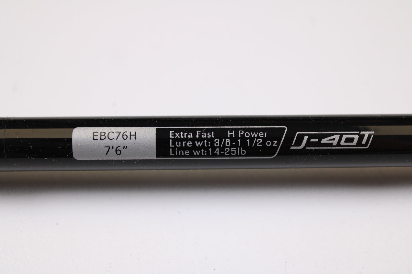 Close-up of a 13 Fishing Envy Black EBC76H 7'6" Heavy used casting rod (Very Good Condition) labeled "J-40T," ideal for anglers exploring the Rod and Reel Trade-In Program or shopping for used gear.