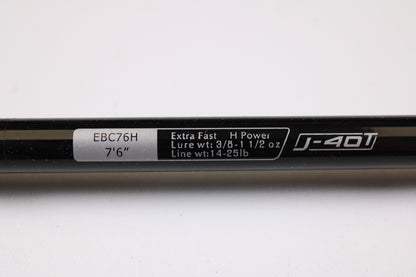Close-up of a 13 Fishing Envy Black EBC76H 7'6" Heavy used casting rod (Very Good Condition) labeled "J-40T," ideal for anglers exploring the Rod and Reel Trade-In Program or shopping for used gear.