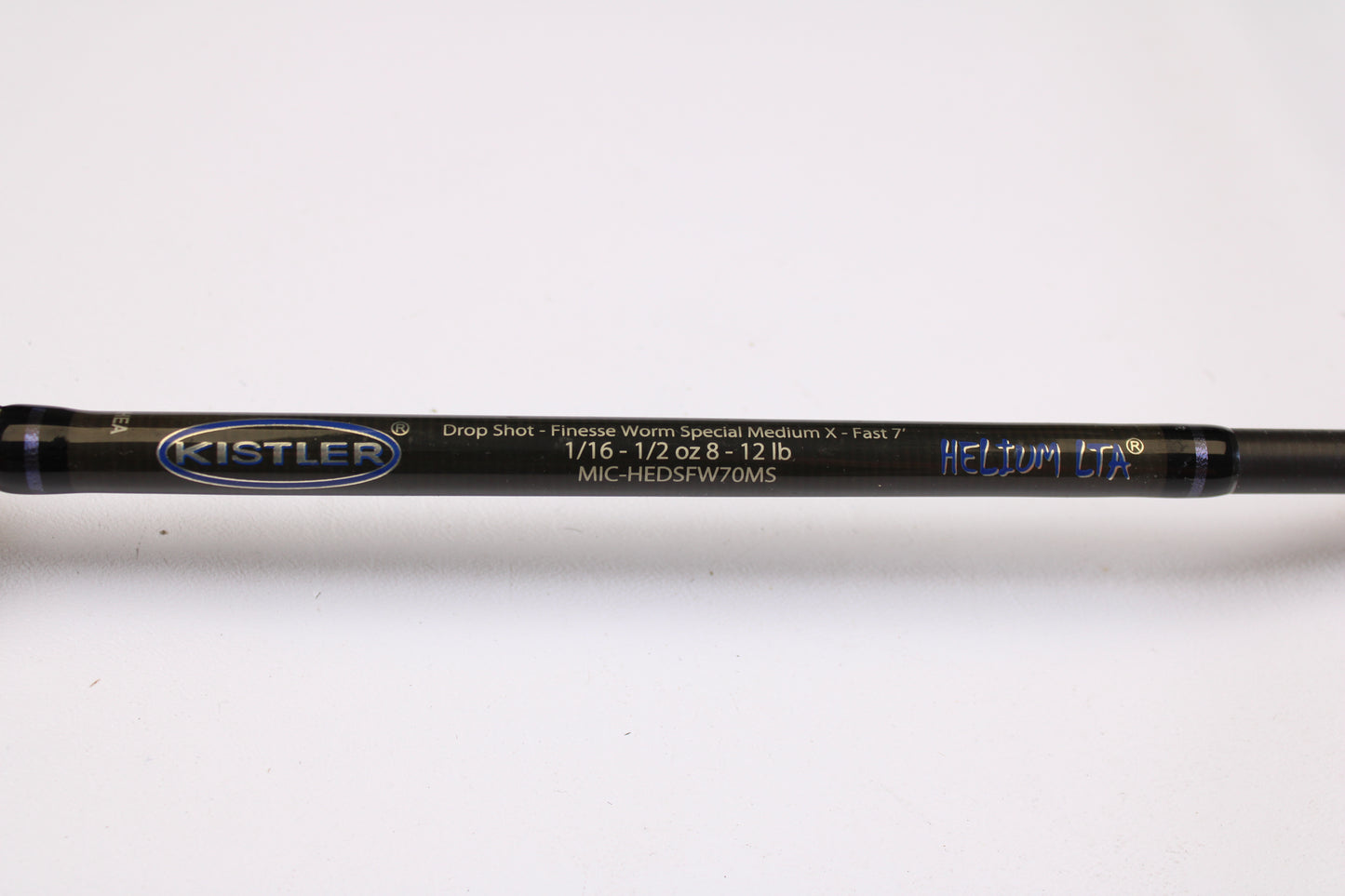 A close-up of the Kistler Helium LTA MIC-HEDSFW70MS 7'0" Medium Used Spinning Rod in very good condition, featuring model details—ideal for the Rod and Reel Trade-In Program.
