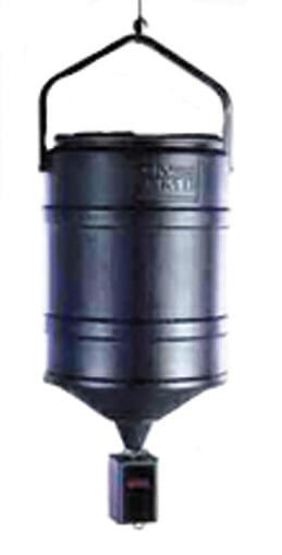 The On Time Game Feeder Tomahawk VL Timer 25Gal Hgr is a black, cylindrical feeder with a conical bottom and a digital Tomahawk VL Timer box attached at the base.
