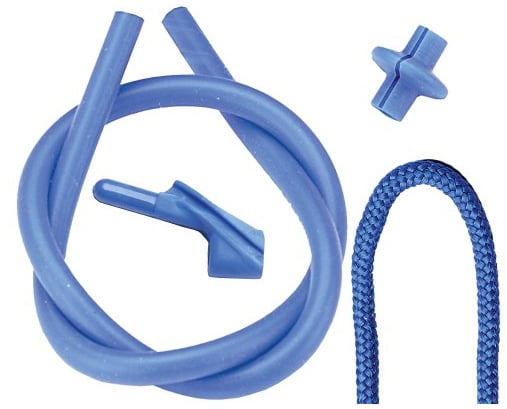 The Pine Ridge Archers Combo Pack 3/16in Blue by americanlegacyfishing includes a blue latex tourniquet with plastic connectors and a separate blue braided cord, all shown on a white background—ideal for dedicated bowhunters.