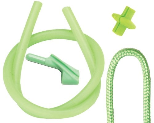Green and white images of IV tubing, a cap, and braided cord are arranged on a white background—similar to the Pine Ridge Archers Combo Pack 3/16in Lime Green by americanlegacyfishing, with coiled tubing, connectors, and end pieces displayed separately.
