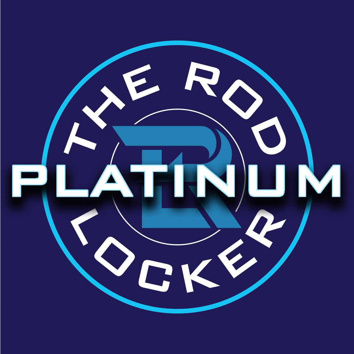 A blue "R" logo is centered in a blue and white circle. White text says "THE ROD LOCKER," with "PLATINUM" bold. Enjoy free shipping with The Rod Locker Platinum Annual Membership, set on a dark blue background. Brand: The Rod Locker.
