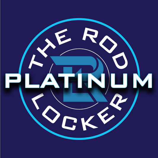 A blue "R" logo is centered in a blue and white circle. White text says "THE ROD LOCKER," with "PLATINUM" bold. Enjoy free shipping with The Rod Locker Platinum Annual Membership, set on a dark blue background. Brand: The Rod Locker.