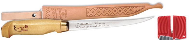 The Rapala Fillet Knife Combo (7 1/2in) features a wooden handle, long Scandinavian stainless steel blade, decorated leather sheath, and red sharpener—perfect for precision filleting. Brand: Rapala.