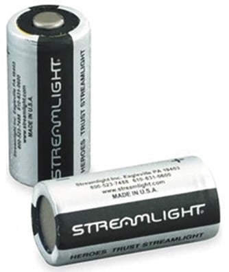 Two Streamlight Lithium Batteries 2/Pack CR123A are shown—one standing and one lying down. Both display the Streamlight brand and product details; perfect as replacement batteries for flashlights.