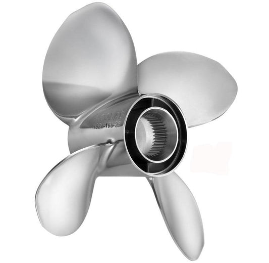 The Solas Bravo III 4 Blade Prop 1654-158-22 by Solas is a used, excellent condition silver boat propeller with a central hub, 15.75" diameter, 22 pitch, and shiny reflective blades viewed from an angle showing its circular opening.