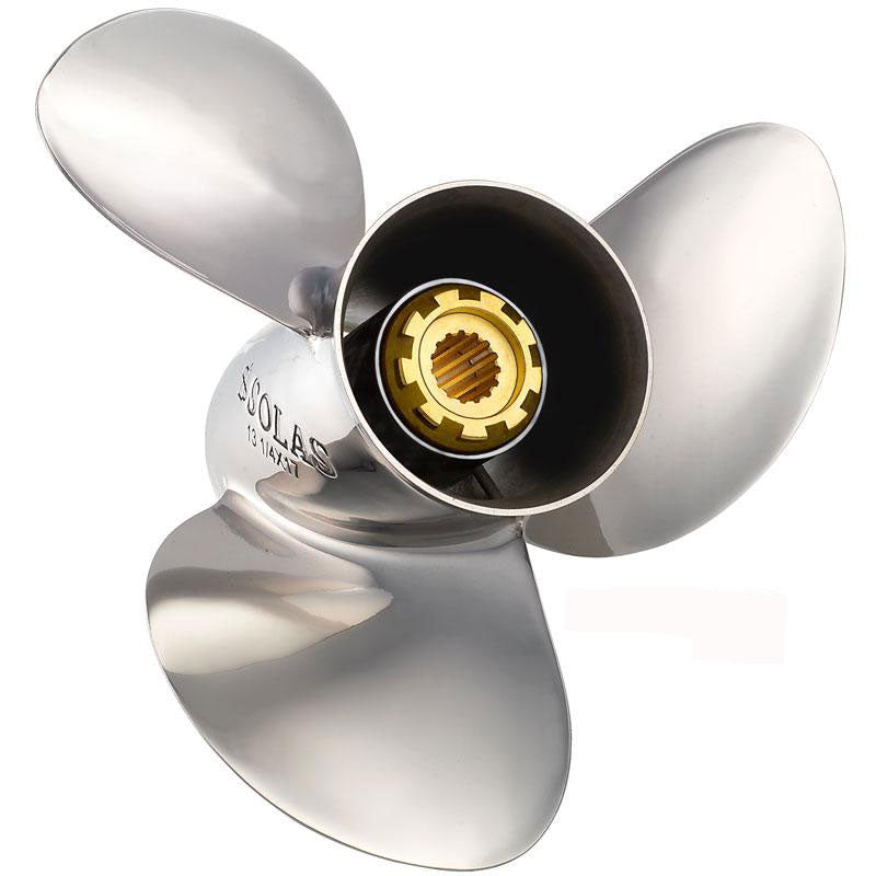 The Solas New Saturn SS 3 Blade Prop 1531-140-21, a used stainless steel propeller with a brass-colored hub, 15-spline design, and 14" diameter from Solas, is displayed against a white background in excellent condition.