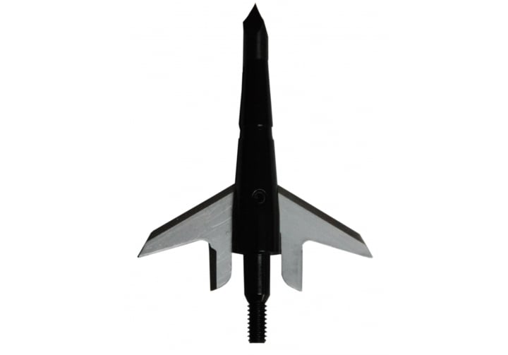 A close-up image of the Swhacker Broadheads 125Gr 3/Pk from Swhacker, displaying its sleek black and silver design with razor-sharp blades and a pointed tip, ideal for hunting. The photograph features the expandable 2-blade broadhead facing upward against a white background.