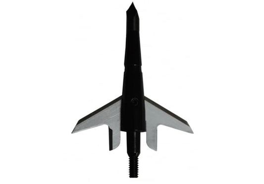 A close-up image of the Swhacker Broadheads 125Gr 3/Pk from Swhacker, displaying its sleek black and silver design with razor-sharp blades and a pointed tip, ideal for hunting. The photograph features the expandable 2-blade broadhead facing upward against a white background.