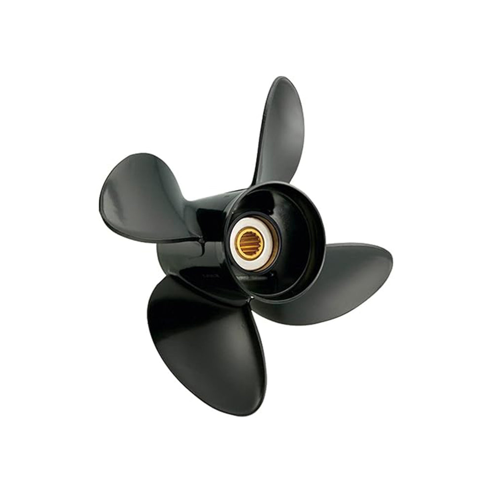 The Solas Amita Aluminum 4 Blade Prop 3413-138-15 by Solas, in used excellent condition, features a black finish, brass-colored central hub, 13.75" diameter, and a 15-spline hub—shown against a white background.