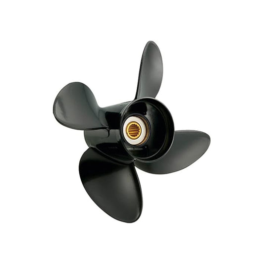 The Solas Amita Aluminum 4 Blade Prop 3413-138-15 by Solas, in used excellent condition, features a black finish, brass-colored central hub, 13.75" diameter, and a 15-spline hub—shown against a white background.