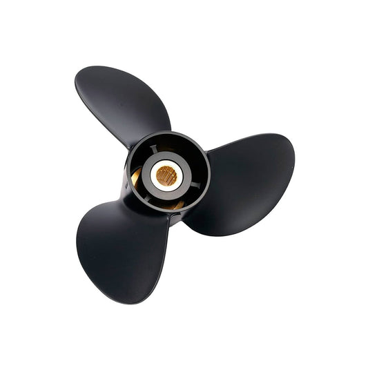 The Solas Amita Aluminum 3 Blade Prop 8611-143-21, used in excellent condition, features a black finish with a 14.3" diameter and brass-colored 19-spline hub from the Solas brand, displayed on a white background.