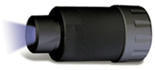 The TruGlo Truglo Sight Light Tru-Lite Violet LED is a black cylindrical flashlight emitting a focused violet-blue beam from its front, showcased against a white background.
