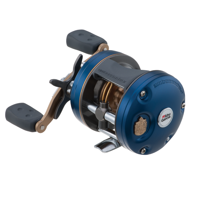 A blue and silver Abu Garcia Ambassadeur C4 5600 6.3:1 Casting Reel with black handles, gold accents, and a Carbon Matrix drag system is shown on a white background.