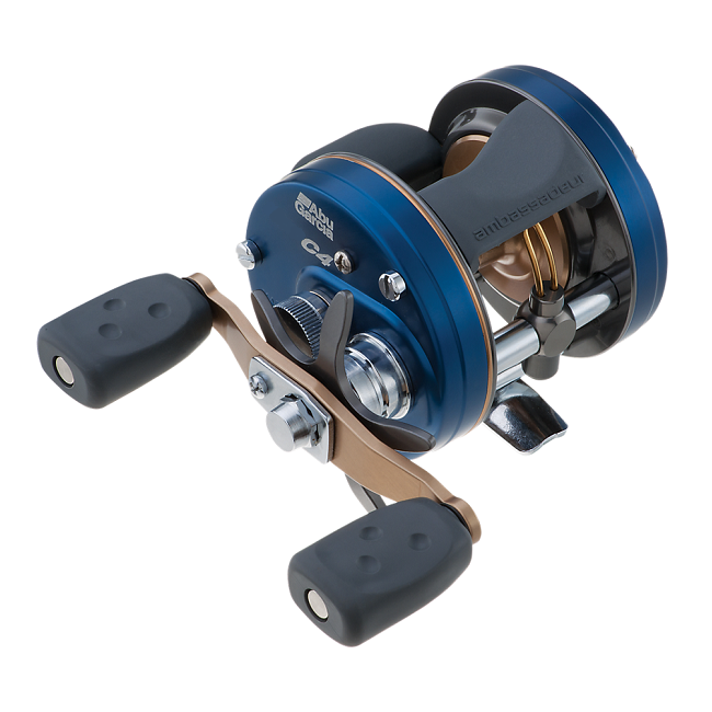 The Abu Garcia Ambassadeur C4 5600 6.3:1 Casting Reel (C4-5600) features a blue and gold finish, dual black handles, metallic components, adjustment knobs, and a Carbon Matrix drag system, shown angled on a white background.