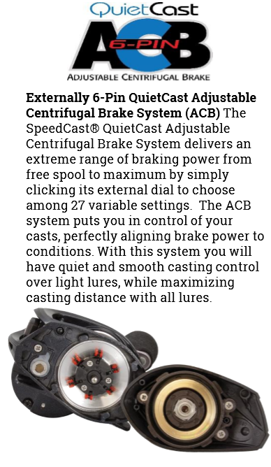 Image shows the QuietCast Adjustable Centrifugal Brake System (ACB) logo and a close-up of the black 6-pin brake on Lew's Tournament Pro LFS 7.5:1 Casting Reel | TP1SHA, featuring the advanced LFS frame platform.