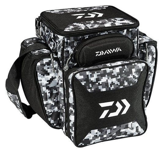 The Daiwa D-Vec Tactical Soft Sided Tackle Box comes in black and gray digital camouflage, designed for optimal organization with multiple zippered compartments. It features corrosion-resistant zippers and displays a prominent white logo on the front pocket plus smaller logos on the top and side.