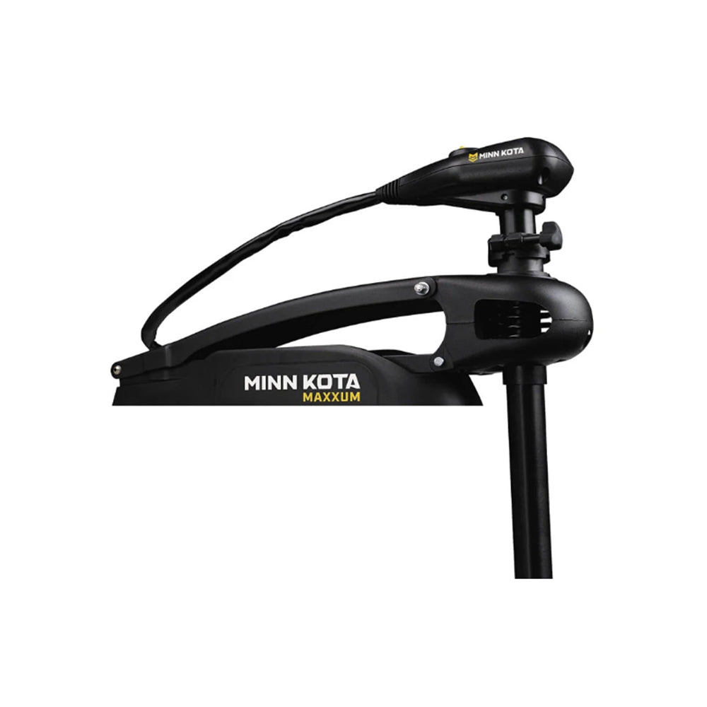 The Minn Kota Maxxum Trolling Motor, a black, tournament-grade model with a durable mount and visible Minn Kota branding, is designed for boats and shown on a plain white background.