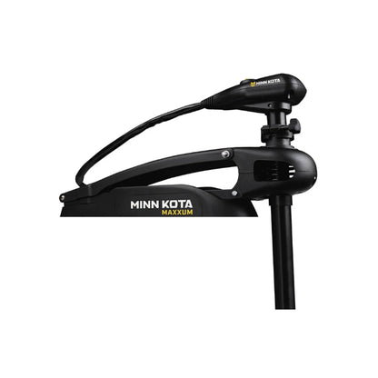 The Minn Kota Maxxum Trolling Motor, a black, tournament-grade model with a durable mount and visible Minn Kota branding, is designed for boats and shown on a plain white background.