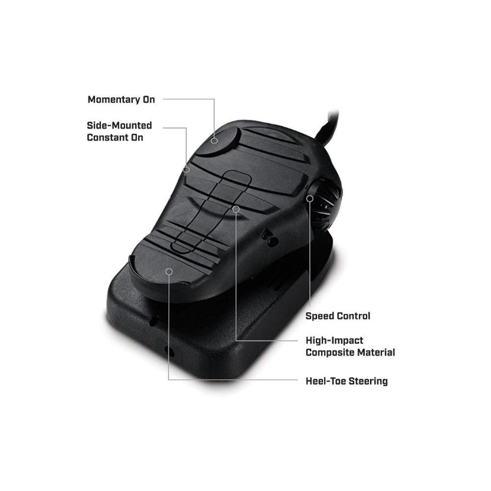 The Minn Kota Maxxum Trolling Motor features a black foot pedal with “Momentary On,” “Side-Mounted Constant On,” speed control, heel-toe steering, and high-impact composite material—all on an angled rectangular base for tournament-tested power.