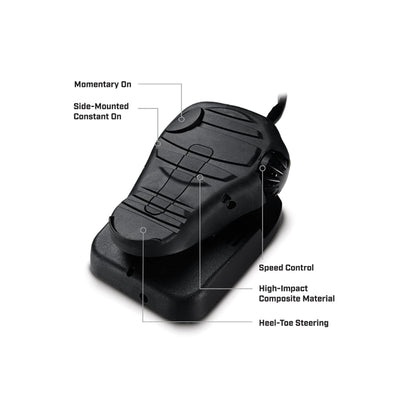 The Minn Kota Maxxum Trolling Motor features a black foot pedal with “Momentary On,” “Side-Mounted Constant On,” speed control, heel-toe steering, and high-impact composite material—all on an angled rectangular base for tournament-tested power.