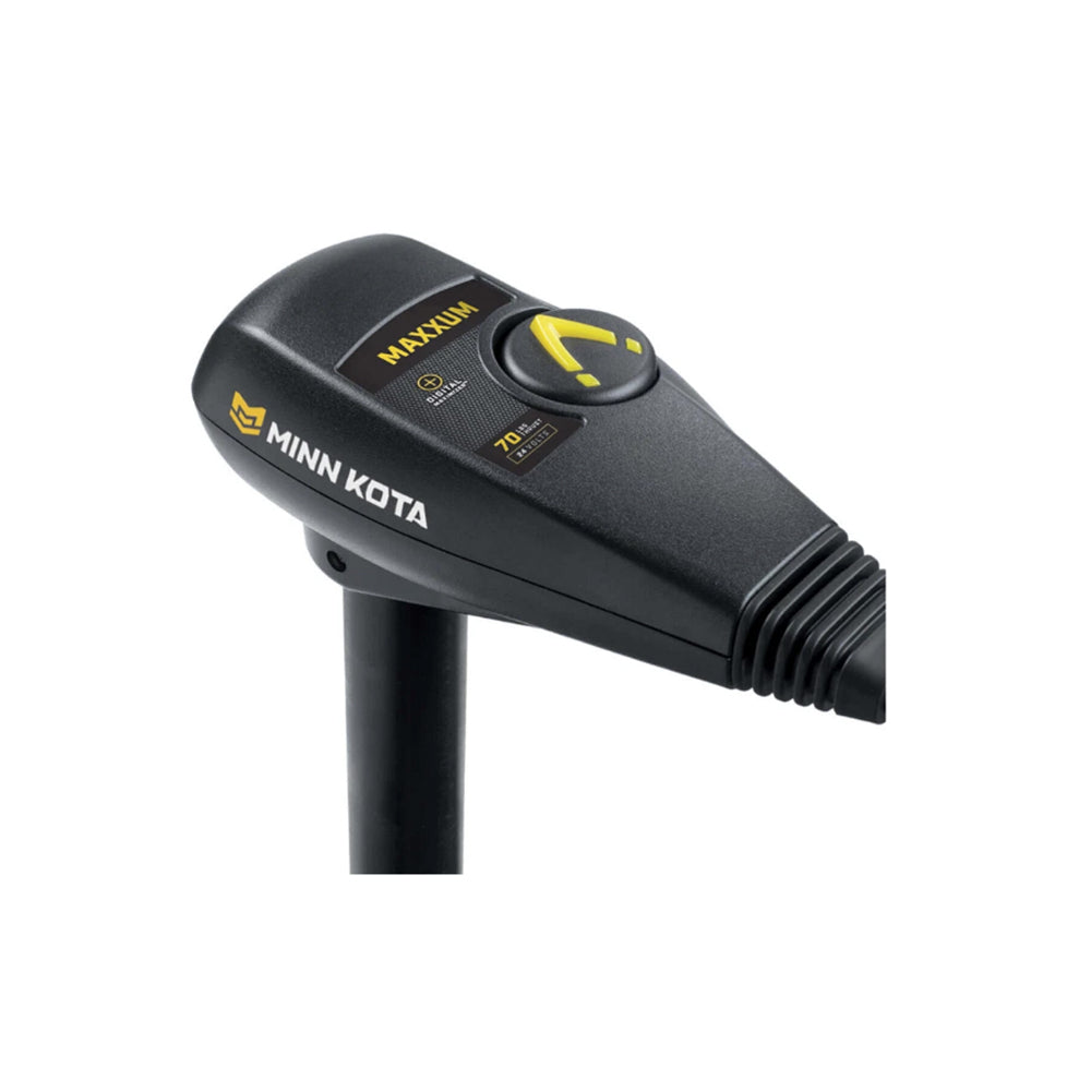 Close-up of the Minn Kota Maxxum Trolling Motor head, featuring a control dial labeled "Maximum" and "70 lbs thrust," in black and yellow—showcasing Minn Kota’s tournament-tested power and innovative fishing features on a white background.