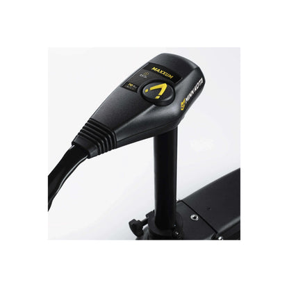 Close-up of the Minn Kota Maxxum Trolling Motor control head, featuring black design with yellow and white Minn Kota branding, known for tournament-tested power, mounted on its shaft against a plain white background.