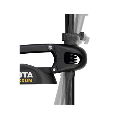 Close-up of a black Minn Kota Maxxum Trolling Motor mount with adjustable mechanism, highlighting versatile angled positions and tournament-level power. The mount shows partial labeling with "OTA" and "XXUM." Brand: Minn Kota.